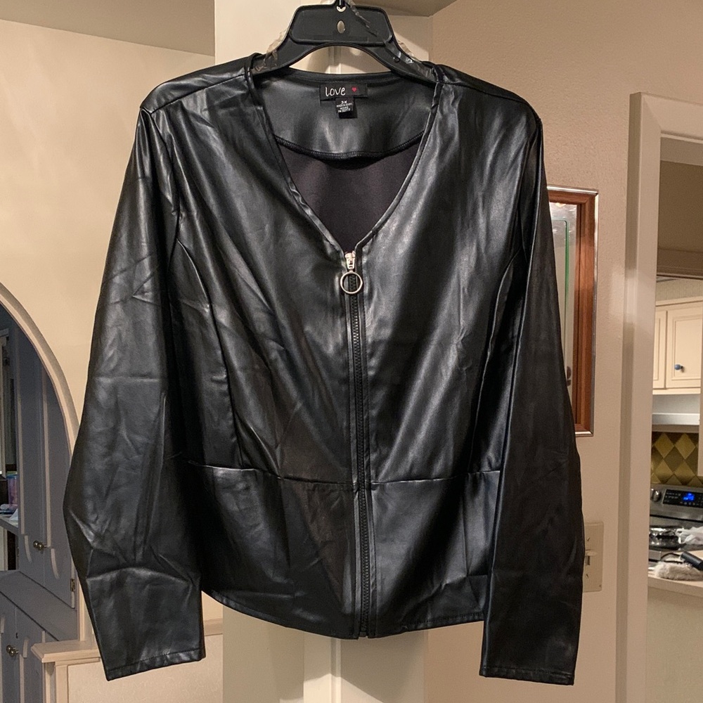 ♥️♥️SEXY PLUS SIZE 3X Love Black Faux Leather Zip Jacket with Ring Pull